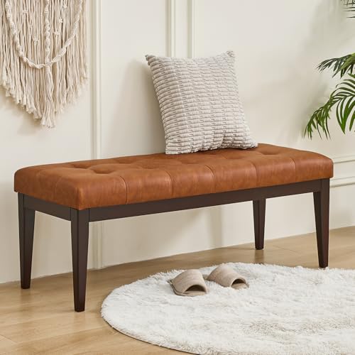 47.2' Button-Tufted Entryway Bench, Upholstered Faux Leather Ottoman Bedroom Bench, Rubberwood End...