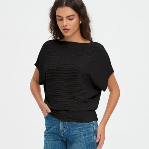 Image of EDSTAR Boat Neck Batwing Cap Sleeves Dolman Knitted Sweaters Summer Lightweight Pullovers Tops for Women (Cap Sleeve, Black)
