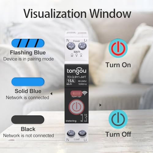 Image of TONGOU DIY 1P+N Smart Wi-Fi Switch, Work with Alexa and Google Assistant for Voice Control, 16A with Energy Monitor, Smart Life /Tuya APP Remote Control, Timer Functions, DIN Rail Mounted,FCC Certified