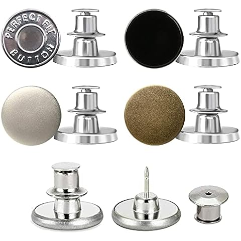 Button Pins for Jeans, No Sew Instant Jean Button Pins, 4 Styles Adjustable and Removable Button Pins Jean Replacement, Metal Clips Button Extend or Reduce Any Pants Waist, 4 Sets Cover