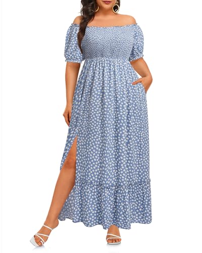 Image of Plus Size Summer Dresses Sun - Maxi Boho Casual Off Shoulder Floral Lace Long Dress with Pockets