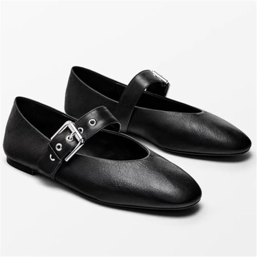Women's Mary Jane Flat Shoes Comfort Leather Platform Buckle Ankle Strap Flats Trendy Slip On Lightweight Office Work Shoes3