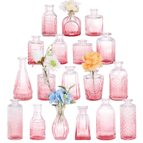 18pcs Pink Glass Bud Vase Set Small Flower Vases for Centerpieces in Bulk Mini Vintage Vase for Home Wedding Table Decor