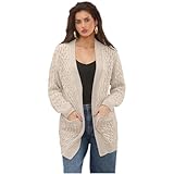 Ladies Chunky Cable Knit Cardigan Long Sleeve Open Front Sweater with Pockets Casual Oversized Knitwear Soft Acrylic Jumper Autumn Winter Spring Layering Coatigan Cardian Open Front Beige L