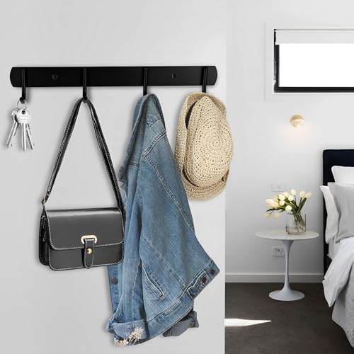 pzihao 2 Stück Hakenleiste Küchenhaken, Kleiderhaken Wandhaken Garderobenhaken Schwarz, Edelstahl Garderobenleiste mit 4 Haken zum Einhängen Mäntel Hüte Jackenaufhänger, Metall Wall Coat Hooks