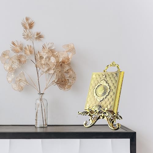 LaModaHome Islamic Book Rehal Stand, Home Decoration to Display the Quran with Elegance, Metal Holder for Reading Studying, Special Events, Ramadan, Religious Holidays - Gold
