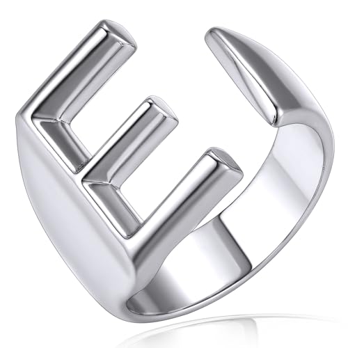 KeyStyle Initial E Ring for Women Silver Letter Rings Stacking Ring Non Tarnish Trendy Adjustable Letter Ring for Her Name Jewelry Gifts