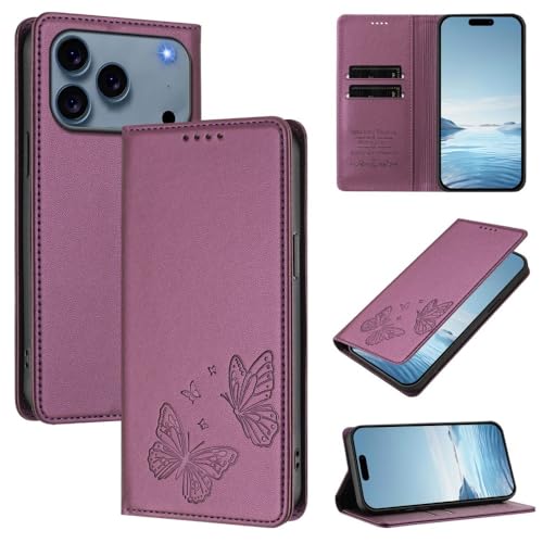 Étui en cuir pour iPhone 16 Plus avec gravure papillon haut de gamme