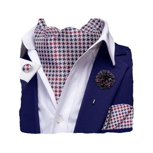 Image of Hi-Tie Silk Ascot for Men Self Tie Men's Cravat and Flower Lapel Pin Handkerchief Cufflinks Set for Wedding Party