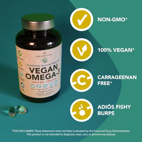 AMANDEAN Vegan Omega 3 Supplement. Premium Fish Oil Alternative! Algae DHA & EPA. Carrageenan Free Softgels. Algal Essential Fatty Acids. Plant Based Heart, Brain, Eye, Skin, Immune Support. (120ct) - Image 3