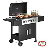 Outsunny Barbacoa de Gas BBQ Gas con 6 Quemadores 15 kW Barbacoa Portátil con Termómetro Tapa 2 Mesas Laterales Armario Rejilla Calentadora Parrilla Recogedor Grasa Asa 2 Ruedas Negro
