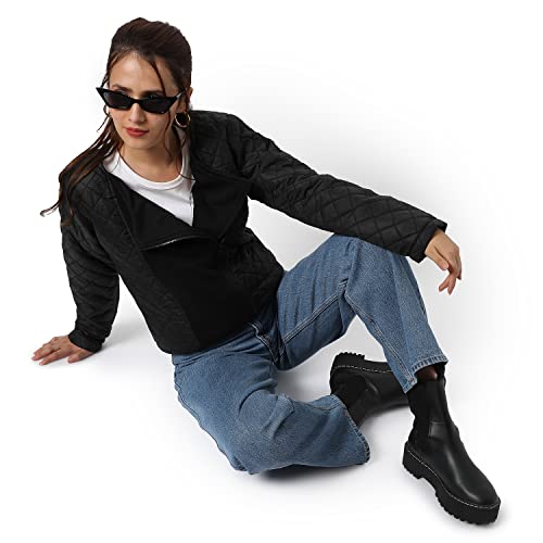 Image of Campus Sutra Women Black Regular Fit Bomber Jacket For Winter Wear | Standing Collar | Full Sleeve | Zipper | Casual Jacket For Woman & Girl | Western Stylish Jacket For Women