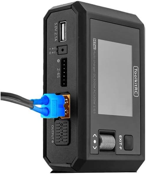 Side view of the ToolkitRC M7AC charger with an XT60 connector plugged into one of the output ports.
