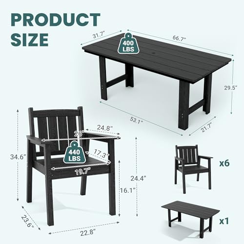 Image of Pamapic 7 PCS Outdoor Dining Set, Spacious HDPE Outdoor Table and Chairs, Wood Grain Patio Furniture Sets with Elegant Armrest, All-Weather Patio Dining Table with Umbrella Hole, Black