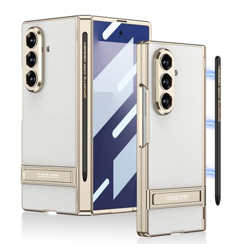 Image of Midkart Magnetic Cover Compatible with Samsung Galaxy Z Fold 7 Release 2025 with Pen Holder and Pen Hinge Protection Kickstand Electroplated Camera Protection, White & Gold