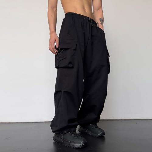 Cargo Pants for Men Loose Fit Parachute Wide Leg Pant Fashion Y2k Streetwear Trouser Classic Drawstring Waisted Slacks4