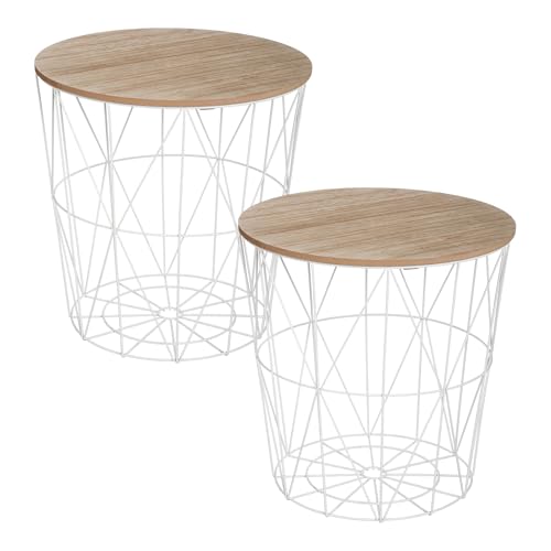 TIENDA EURASIA - Mesas Auxiliares para Salon | Set 2 Mesas Redondas de Centro | Estructura Metálica de Rejilla y Tapa de Madera MDF | Medida 41 x 40 cm (2 x Blancas)