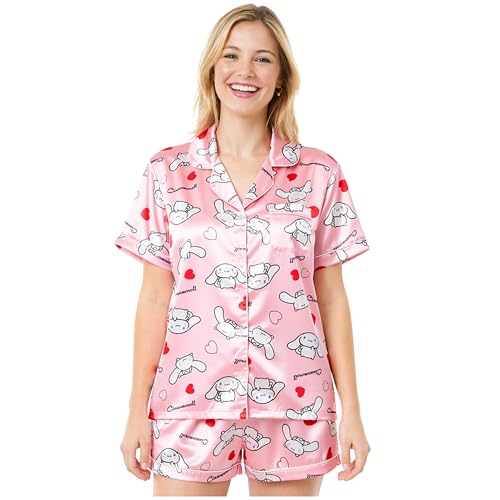 Get Trend Cinnamoroll Sanrio Womens Pajama Sets 2 Piece Button Up Shirt & PJ Shorts Teens Soft Kawaii Lounge Sets Gifts (2XL Pink Cinnamoroll)