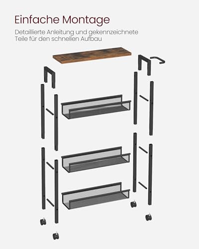 VASAGLE Rollwagen 4 Ebenen, Küchenwagen schmal, Nischenregal auf Rollen, Stahl, Griff, für kleine Räume, 13 x 45,4 x 77 cm, Küche, Bad, Wohnzimmer, Arbeitszimmer, vintagebraun-schwarz LRC032B01V1