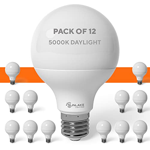 SunLake 12 Pack G25 Vanity Globe Light Bulbs 5 Watt (40 Watt Equivalent) Dimmable, 5000K Daylight LED, Eye Friendly 450 LUMENS, E26 Base, Ideal for Bathroom Makeup Mirror Droplight, Floor lamp SunLake 12 Pack G25 Vanity Globe Light Bulbs 5 Watt (40 Watt Equivalent) Dimmable, 5000K Daylight LED, Eye Friendly 450 LUMENS, E26 Base, Ideal for Bathroom Makeup Mirror Droplight, Floor lamp