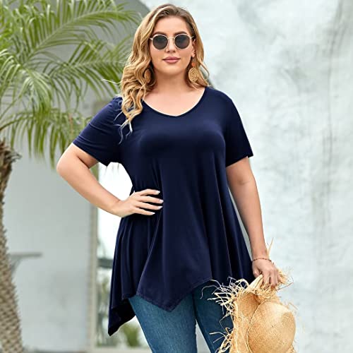 Larace Plus Size Tops For Womens Summer Clothes Short Sleeve Shirts Casual V Neck Tunic Asymmetrical Blouses(Navy Blue 5X) #TOP6