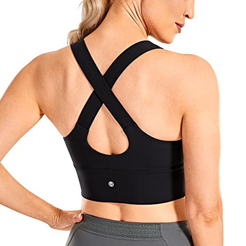 CRZ YOGA Women's Longline Square Neck Strappy Sports Bra Cross Back Full Coverage Wirefree Padded Yoga Bra Black Medium