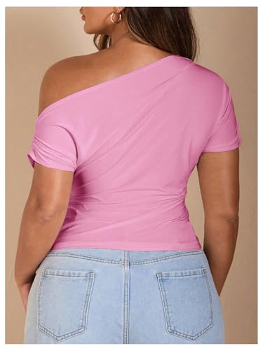WDIRARA Women's Plus Size Off Shoulder Tee Shirt Ruched Asymmetrical Short Sleeve Tops2