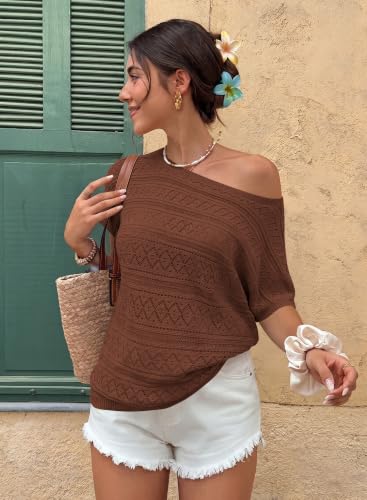 Image of Cakulo Womens Off The Shoulder Batwing Short Sleeve Crochet Tops 2026 Spring Summer Sweater Top Knit Beach Cover Up