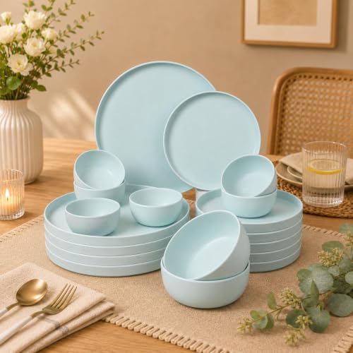 Image of MARKET 99 Heavy-Duty Round Minto Blue Sparkle Dinner Set | 20-Piece Matte Melamine Dinnerware Collection Includes 6 Full Plates, 6 Side Plates, 6 Bowls, & 2 Serving Bowls for Dining Table