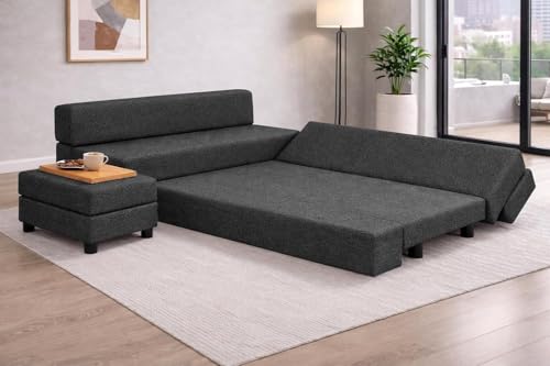 Image of Rosebell 3+2 Convertible Leg Sofa Cum Bed Set with Ottoman Jute Fabric Foldable Modular Seating & Sleeper, Space Saving Living Room Furniture Black Color