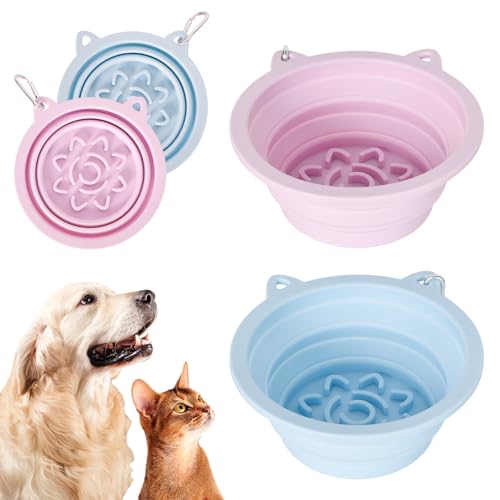 Zimoer 2er-Pack Faltbare Hundenäpfe mit Saugnäpfen & Slow-Feeder, 450ml Silikon Reisenapf für kleine Hunde, tragbar mit Karabinerhaken für Outdoor-Aktivitäten