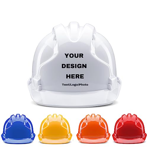 Custom Hard Hat with Suspension, Construction Adjustable Ratchet Hard Hats,Personalise Hard Hat,Add Your/Logo/Text/Photo (W-Proof, White)