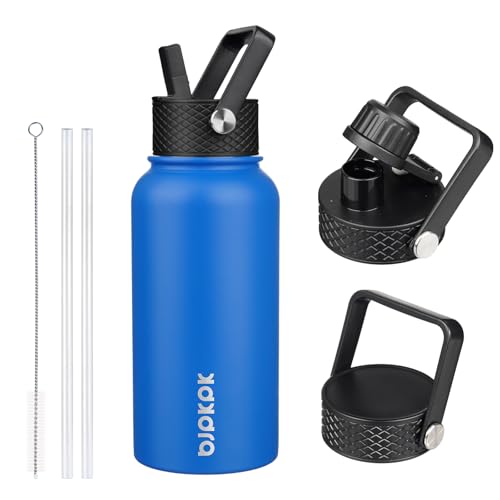 Image of BJPKPK Insulated Water Bottles with Straw Lid, 27oz Stainless Steel Water Bottle with 3 Lids, Leak Proof BPA Free Metal Thermo, Mugs, Tumblers, Keep Cold Hot - Sapphire