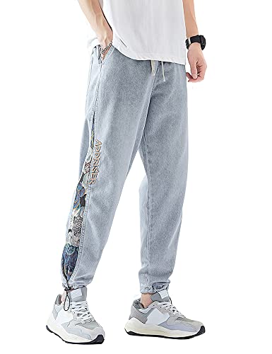 Men's Joggers Denim Jeans Elastic Waist Casual Pull On Pants3