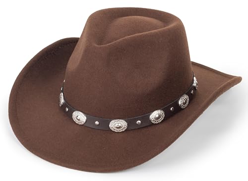 Womens Classic Roll Up Western Cowboy Hat Wide Brim Felt Fedora Hat for Men Brown
