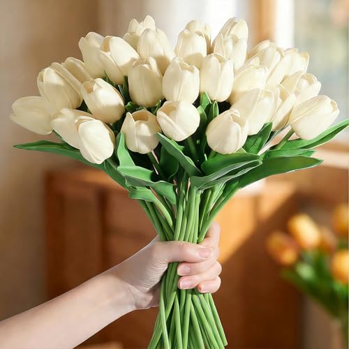 Image of 20Pcs Stems 13.5 Inch Milky White PU Artificial Moisturizing Tulips, Faux Tulips Flowers for Thanksgiving Christmas Decorations Wedding Home Table Vase Floral Arrangements