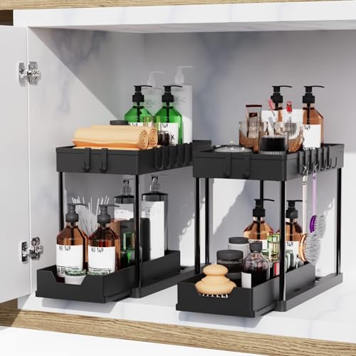 HONGHUIKJ 2 Pack 2-Tier Under-Sink Organizer Tray - Sliding Drawer Storage for Bathroom & Kitchen (Black)