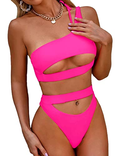 Lilosy Sexy Cutout One Shoulder High Cut Thong Brazilian Bikini Swimsuit Set for Women Cheeky Bottom Padded Bathing Suit 2 Two Piece Knotted Hot Pink X-Large