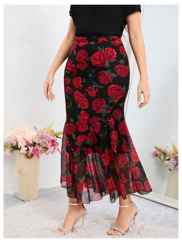 WDIRARA Women's Plus Size Floral Ruffle Hem Bodycon Midi Skirt Elastic Waist Fishtail Skirts4