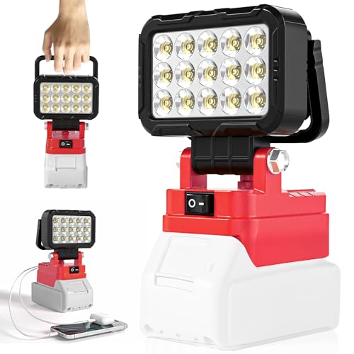 Cordless LED Work Light Compatible with Milwaukee m18 18V Battery Portable Flashlight Job Site 2 USB Charging Port 145 Adjustable Angle Repairing Camping Fishing Emergency (No Battery)