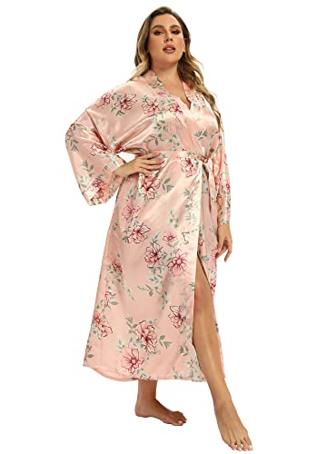 Image of Women's Floral Long Satin Robes Plus Size Long Silk Robes Peacock Floral Kimonos Sleepwear Dressing Gown