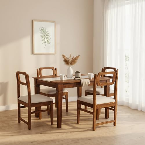 Sheesham Wood 4 Seater Dining Table Set with Teak Finish | Solid Wood Dining Table with Marble Finish Top & Cushioned Chairs | Wooden Dining Set for...