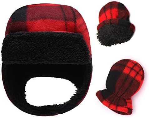 Toddlers Infant Hat Mitten Set Baby Boy Girl Earflap Pilot Hats Lined Polar Fleece Winter Warm Beanie Caps (B-Cet Plaid Red, M (1-2 Years))