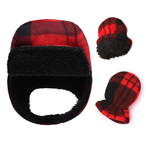 Toddlers Infant Hat Mitten Set Baby Boy Girl Earflap Pilot Hats Lined Polar Fleece Winter Warm Beanie Caps (B-Cet Plaid Red, M (1-2 Years)) #TOP3