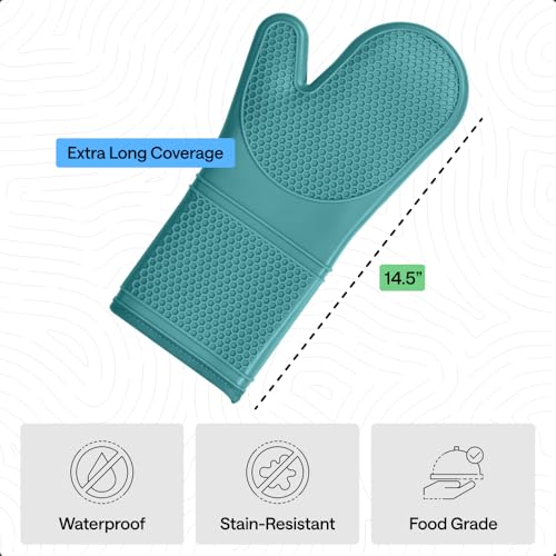 Image of GORILLA GRIP BPA-Free Soft Silicone Oven Mitts, 14.5x8.3, Heat Resistant and Waterproof Cooking Gloves, Thick Cotton Lining, Flexible Gripping for Baking Grilling, Kitchen Potholders Set, Turquoise
