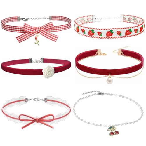 Nova&Aria 6PC Red Chokers Set For Women Heart Pearl Choker Necklaces Flower Pendant Velvet Cute Choker Necklace Classic Tattoo Colorful Lace Chokers-51
