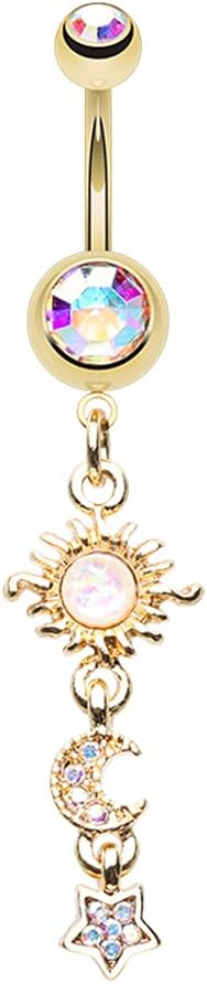 Pierced Owl 14GA Golden Sun Moon and Star Celestial Dangle Stainless Steel Navel Belly Button Ring
