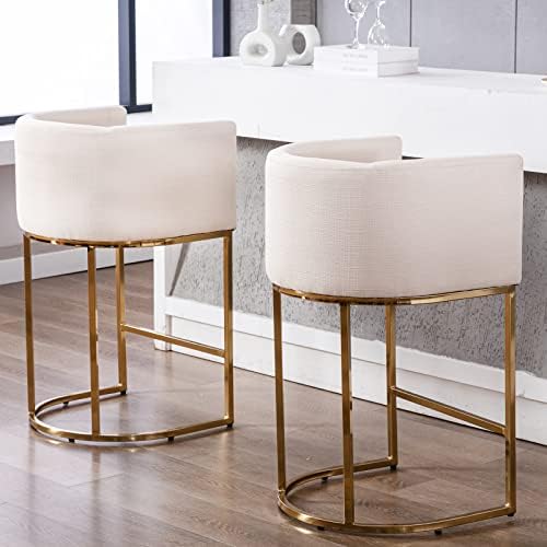 HNY Modern Counter Height Linen Fabric Upholstered Counter Stool Set of 2, 29 inch Kitchen Island Stool with Gold Metal Frame (Unwelded Frame), Cream