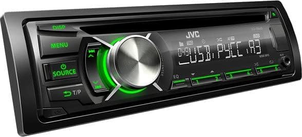 Angled view of JVC KD-R449EED Car CD/USB Receiver with green illumination