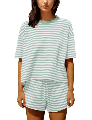 Image of Ythomm Striped Pajamas Shorts Sets Women 2 Piece Lounge Outfits Short Sleeve Tees Drawstring Shorts Summer Matching Pj Sets